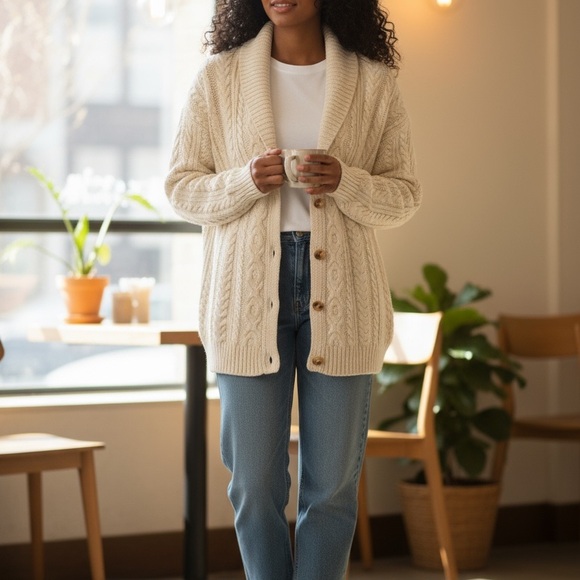 Van Heusen Cream Cable Knit Sweater‎ Cardigan Ladies XL Grandpa Core - Picture 4 of 14